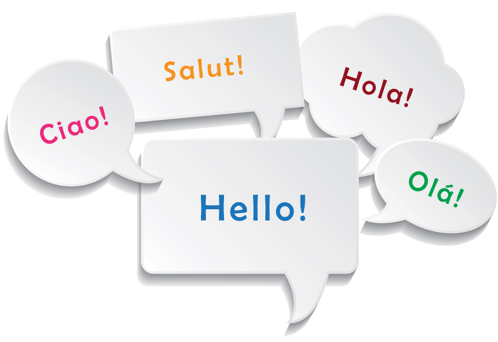 Multiple speech bubble ssaying hello in different languages